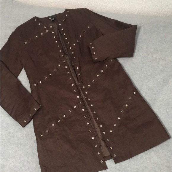 Linen Longline Jacket Size 8 Brown Career Office Studded Grunge Steampunk - Picture 1 of 11